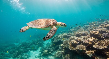 Fototapeta premium Majestic Sea Turtle Gliding Through Vibrant Coral Reef Ecosystem