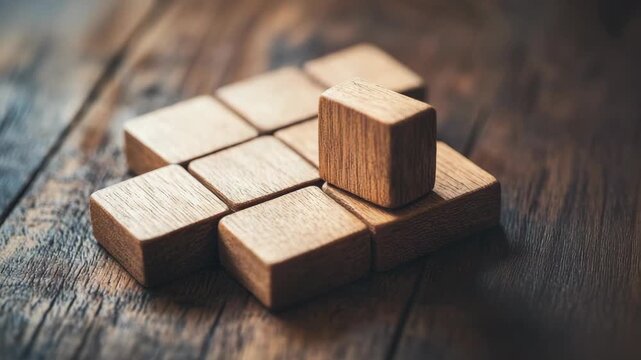 Wooden blocks arranged on wooden surface forming shape