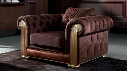 Obraz premium Elegant Brown Chesterfield Armchair with Golden Accents in a Luxurious Setting