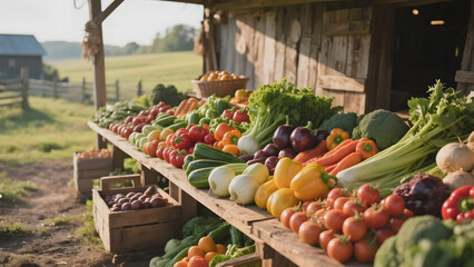 Freshly Harvested Vegetables Displayed on a Rustic Farm Stand
