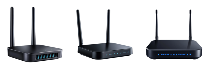 Modern Wi-Fi routers with sleek designs and LED indicators