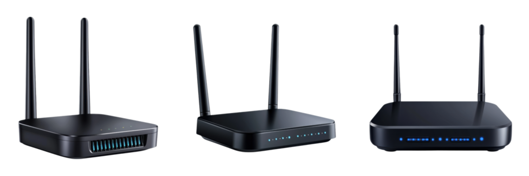 Modern Wi-Fi routers with sleek designs and LED indicators
