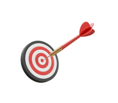 A yellow dart perfectly hits the bullseye of a red and white target, isolated on transparent background. Ideal for concepts of accuracy, success, precision, and goal achievement.

