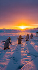 Penguins Walking on Ice at Sunset A Serene Antarctic Scene
