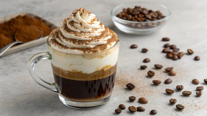 Layered Coffee Drink in Glass Mug with Whipped Cream and Cocoa Powder Garnish Surrounded by Coffee Beans and Grounds