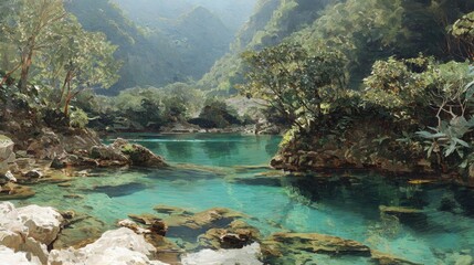 Serene mountain lake surrounded by lush greenery.