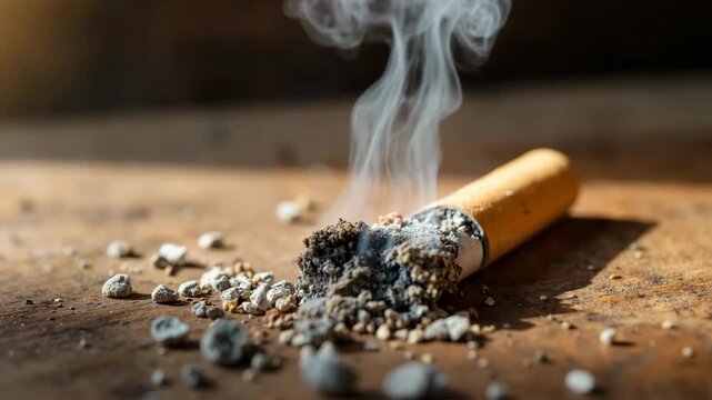 Cigarette butt on wooden surface with smoke, a discarded cigarette butt, and ash. Discarded butt includes residue and smoldering remains on rough board.