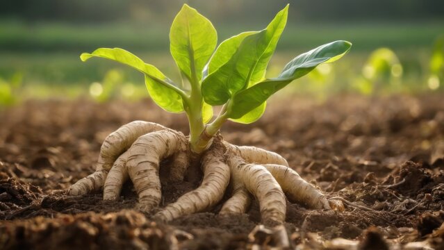 Closeup of young ginger plant with long leaves growing in field, sunlit agricultural background.