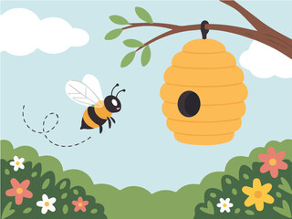 Clean and modern vector  beehive illustration with bee flying in spring garden vector background for kids and nature lovers