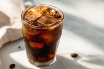 Iced coffee glass on white surface with beans, napkin, and blurred background, warm and inviting ambiance.