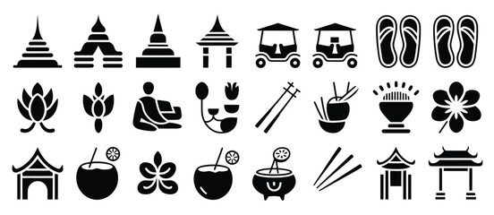 Collection of thai cultural icons and symbols in black silhouette
