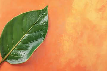 Single leaf with water droplets on an orange background.