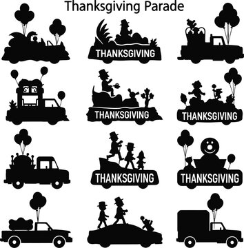 Thanksgiving parade silhouette vector art collection for holiday crafts and decorations design elements