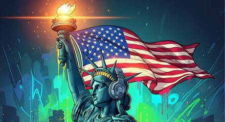 Statue with Torch and American Flag Patriotism and Liberty in Modern Art