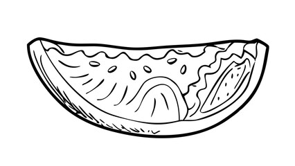 Delicate contour drawing of a slice of watermelon showing rind layers, thin 1 pt stroke, blank background.

