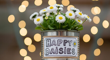 Cheerful Daisies in a Rustic Can with Bokeh Lights A Touch of Happiness
