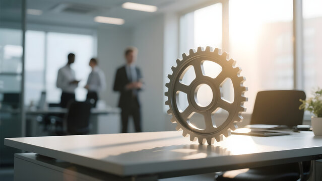 Gear on desk with business people in background, symbolizing teamwork and mechanics in a modern office setting.