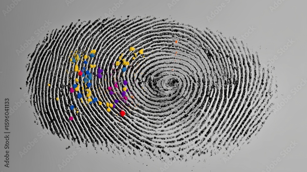 Poster exploring biometric security with fingerprint analysis and eye recognition technology