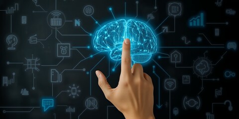 A hand touches a glowing brain surrounded by digital icons on a dark background grid on transparent background