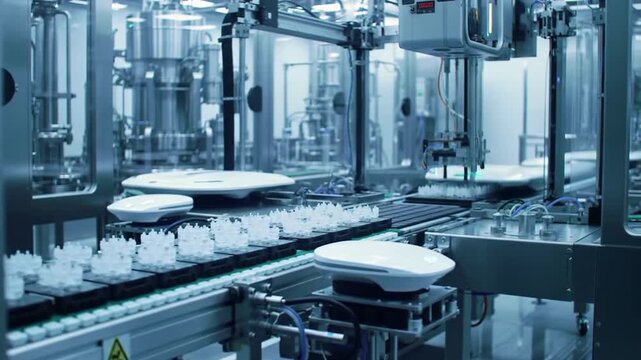 Cleanroom with drones flying samples between stations in an automated pharmaceutical production line.