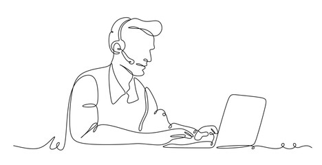 One continuous line.Call centre.Male call center operator. Handling calls and messages. Operator with phone and computer. 