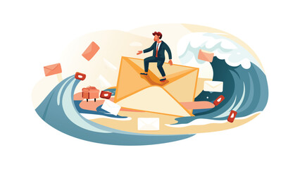 Man surfing on a large envelope amidst a wave of emails and floating social media icons around him