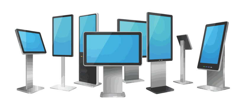 Collection of digital displays and touchscreen kiosks on white background
