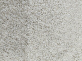 White rice grains spread on a flat surface in a well-lit kitchen setting, showcasing their texture and purity for culinary purposes