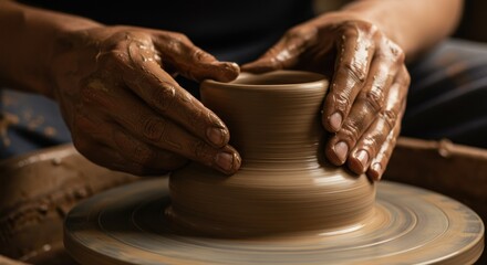Close-up of hands shaping clay on a pottery wheel, creating a vase.