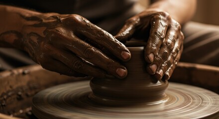 Hands shaping wet clay on a pottery wheel, creating a ceramic vessel.