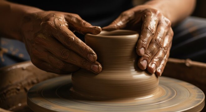 Close-up of hands shaping clay on a pottery wheel, creating a vase.