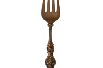 Golden vintage fork with intricate handle, gleaming against transparent backdrop, highlighting elegant dining and culinary design elements