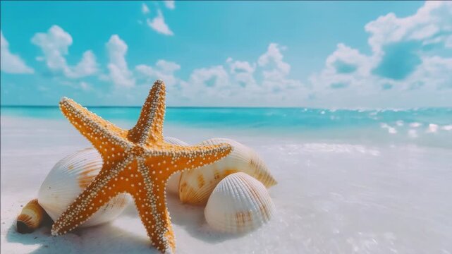 Stunning seaside with starfish and sea shells at low tide.