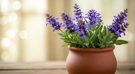 Floral Still Life Purple Flowers in a Brown Pot on a Wooden Surface with Blurred Background