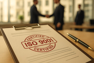 Close-up of certified document stamped with ISO 9001 in bold red letters on office desk, symbolizing quality management, business compliance, and professional standards certification
