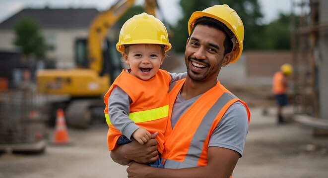 Father holding smiling child at construction site safety vests