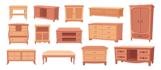 Collection of vintage wooden furniture pieces including cabinets dressers and tables