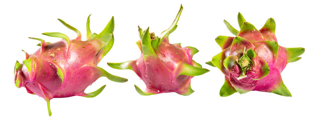 Three vibrant pink dragon fruits (pitaya) with green scales, shot from different angles against a...