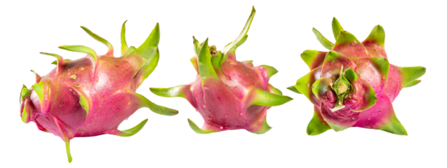 Three vibrant pink dragon fruits (pitaya) with green scales, shot from different angles against a pure white background, highlighting their exotic texture and form.