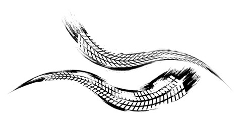 Tire tread marks, wheel textures, tire marks - car racing, motocross, drift, rally, off-road and others. Vector black isolated texture in grunge style with splashes.eps10