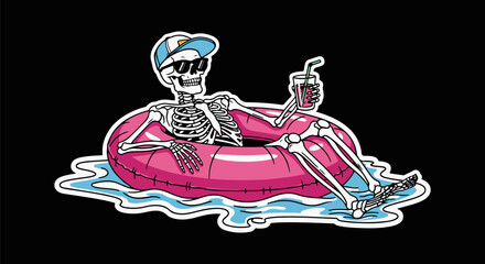 Chill to the Bone – Cartoon Skeleton Lounging in Pink Pool Float with Drink, Sunglasses, and Summer Cap Over Splash on Black