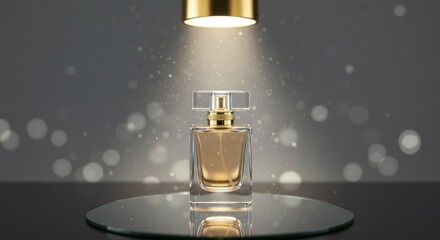 Elegant perfume bottle showcased under soft spotlight, reflecting on a glass surface.