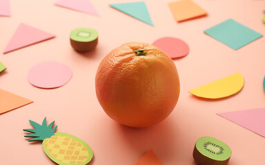 A vibrant grapefruit is surrounded by colorful paper cutouts of geometric shapes and tropical fruits on a pink background