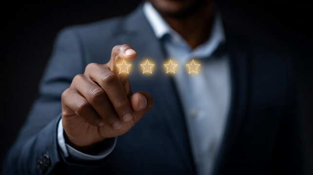 Businessman in suit touching five glowing stars in a rating scale, concept of customer satisfaction and quality review five star rating, business review, customer satisfaction, cli