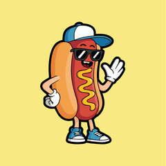 Naklejka premium Clean and modern vector cool hotdog cartoon character with sunglasses and cap vector illustration for food and summer designs