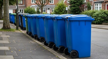 Blue recycling bins lined up on street green recycling bins