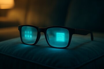 Close up of smart glasses with a vibrant digital interface, reflecting virtual data on the lenses, symbolizing the future of augmented reality and wearable tech