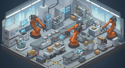 Futuristic Automated Factory with Robotic Arms and Conveyor Belts.