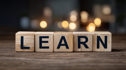 Wooden blocks spelling "LEARN" placed on a modern desk with glowing lightbulb, pencils, and notebooks, symbolizing creativity and education learn concept, creative education, glowi