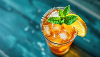 A refreshing glass of iced tea, garnished with a lemon slice and fresh mint